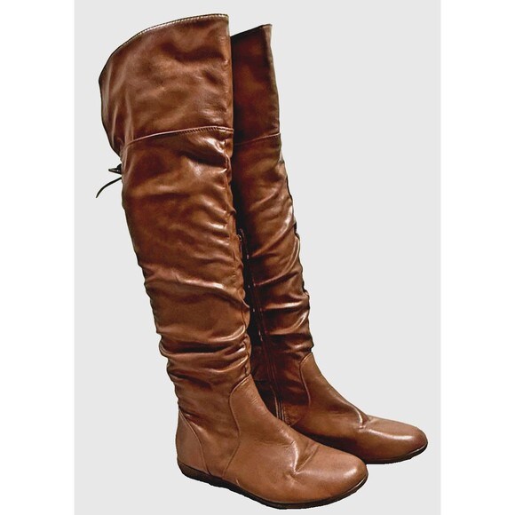 Aldo OTK 8.5 Brown Flat Boots Boho Slouch Faux Leather Fold Over Top Countryside - Picture 1 of 11